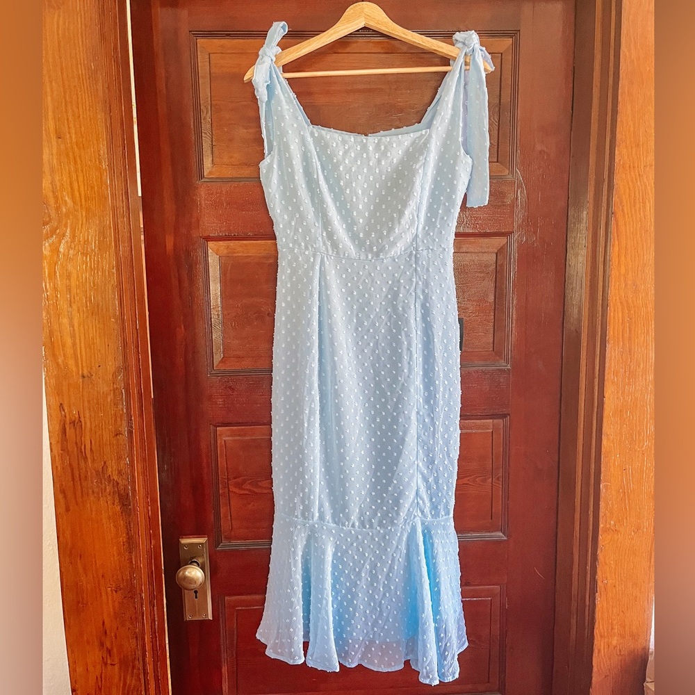Lulu’s Swiss Dot Periwinkle Midi Dress